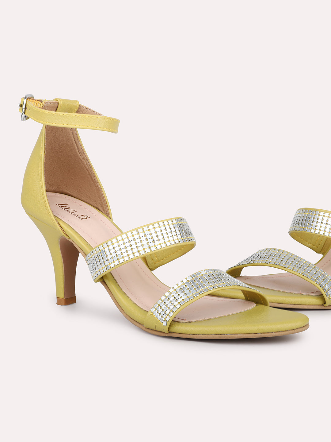 Women Yellow Embellished Mid-Top Slim Heels