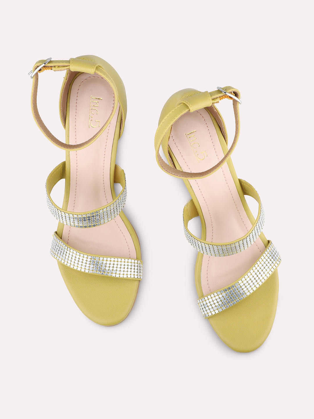 Women Yellow Embellished Mid-Top Slim Heels