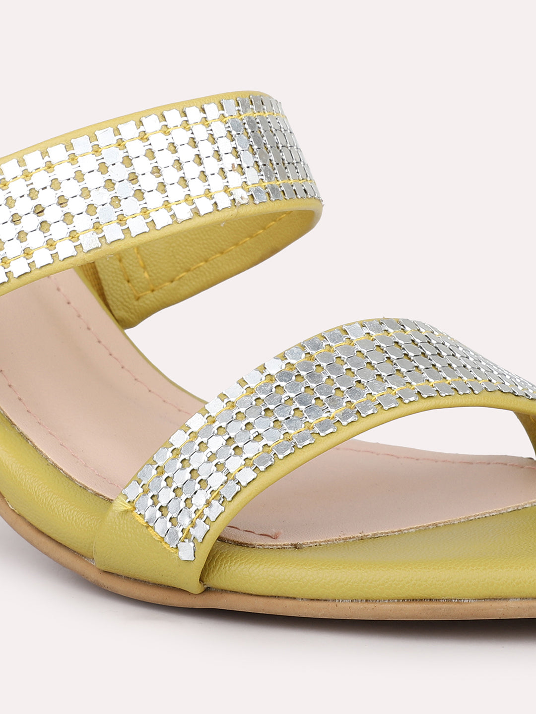 Women Yellow Embellished Mid-Top Slim Heels