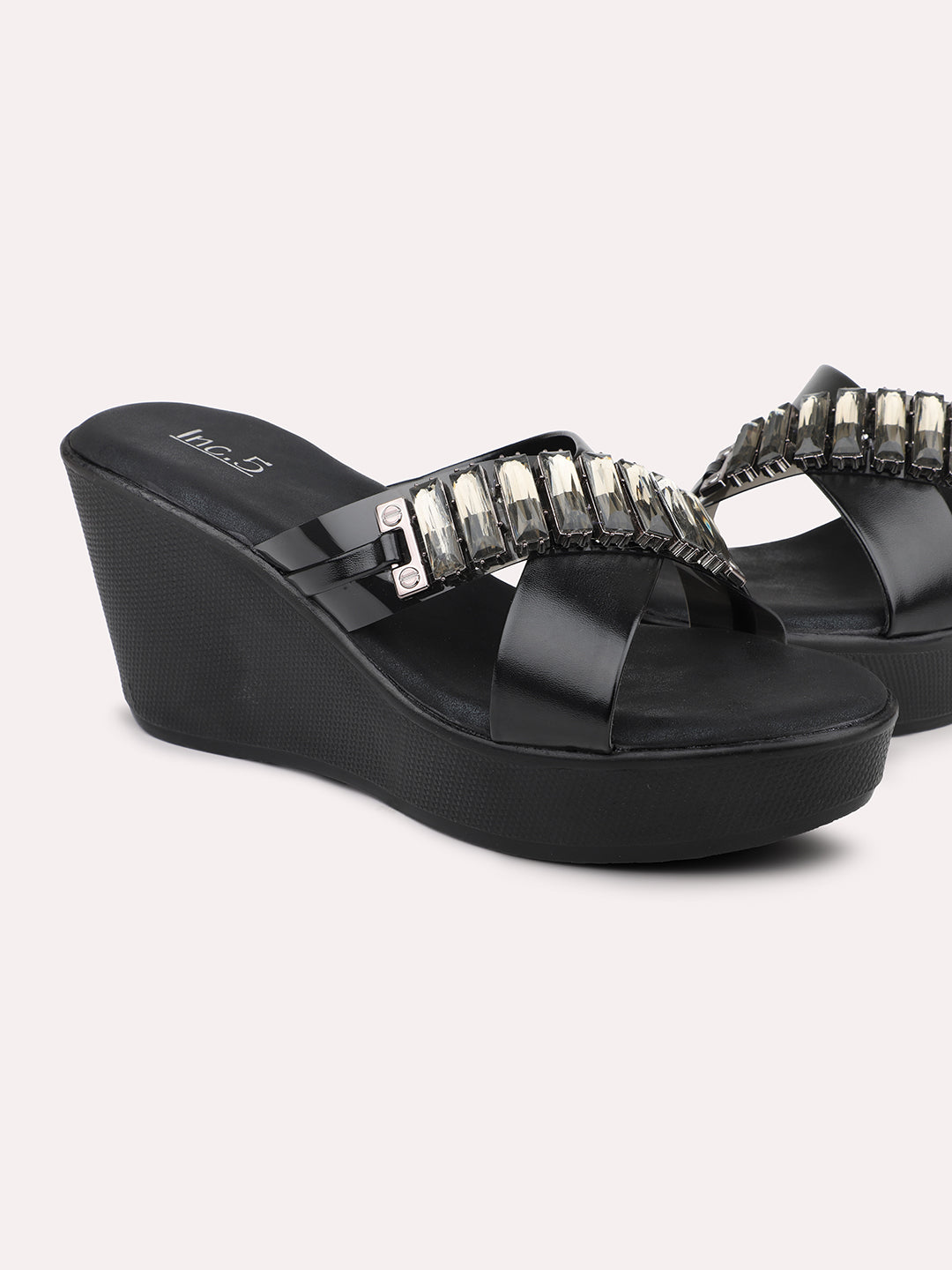 Women Black Embellished Wedge Heel