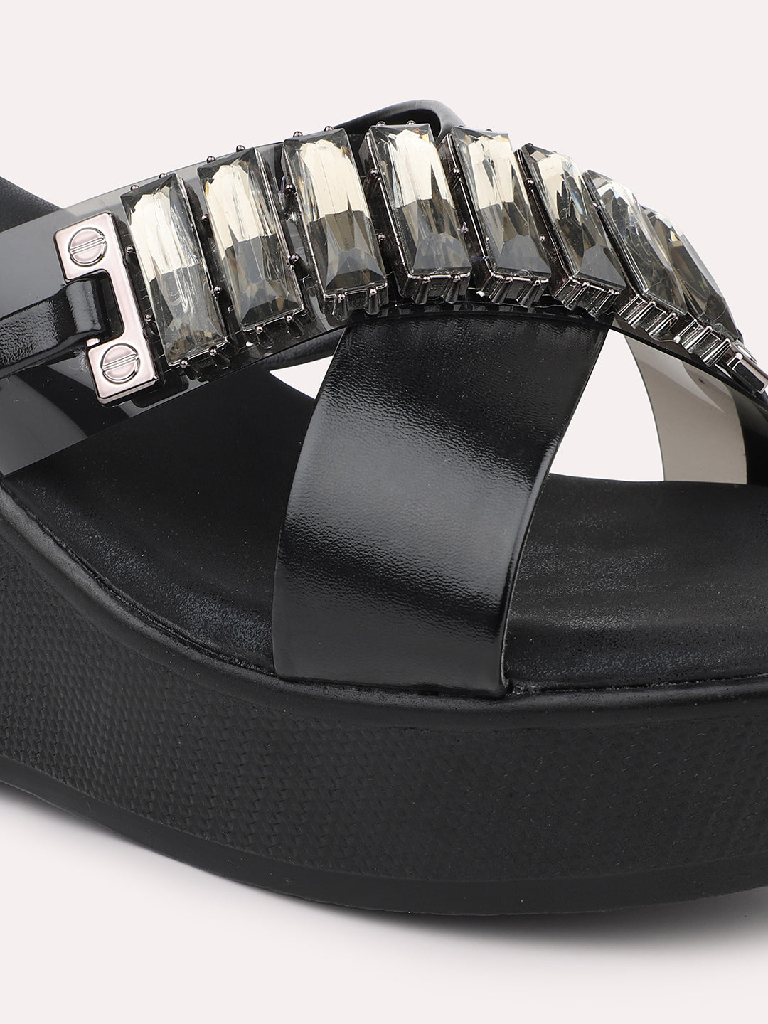 Women Black Embellished Wedge Heel