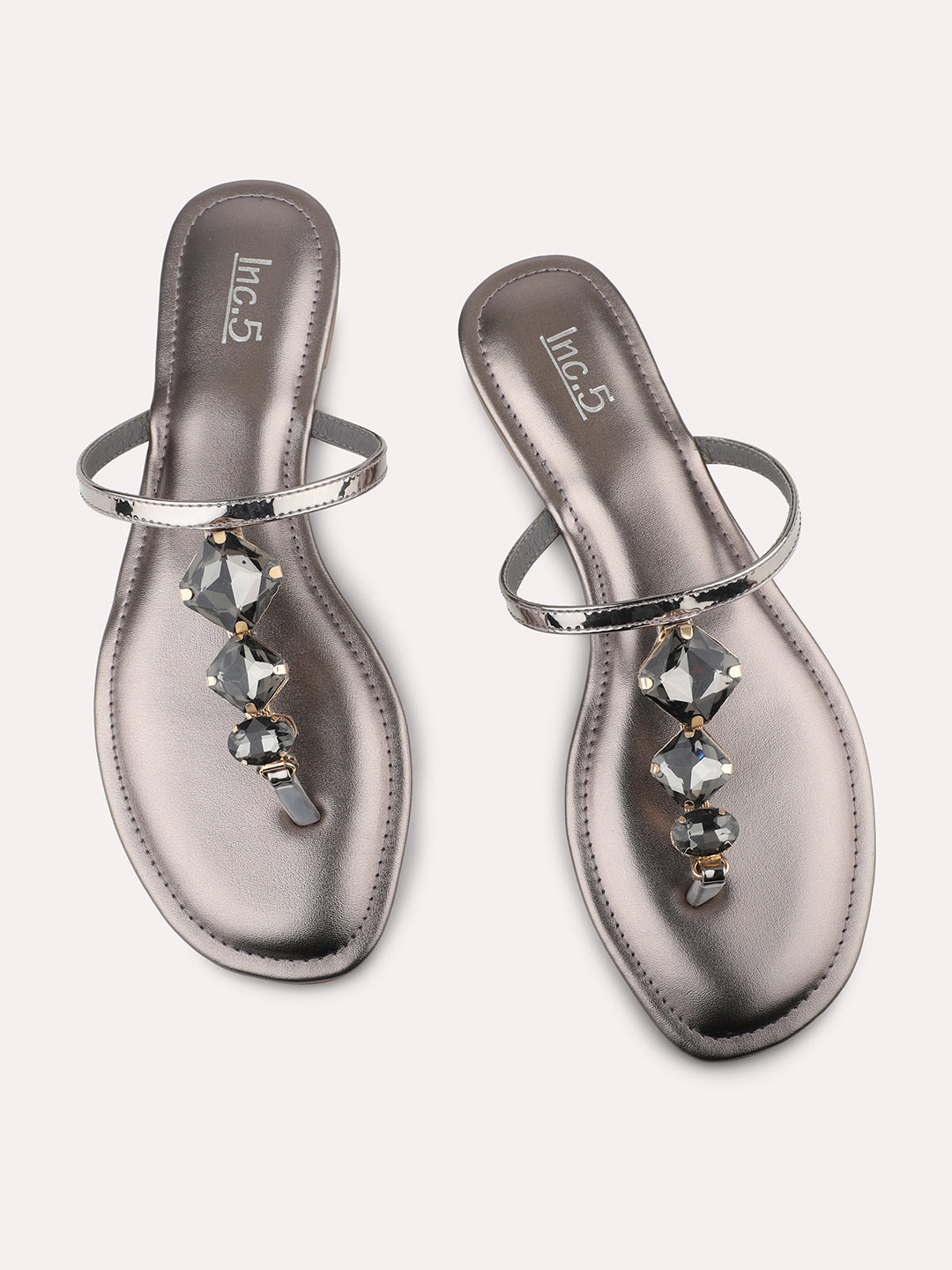 Women Pewter Embellished T-Strap Flats