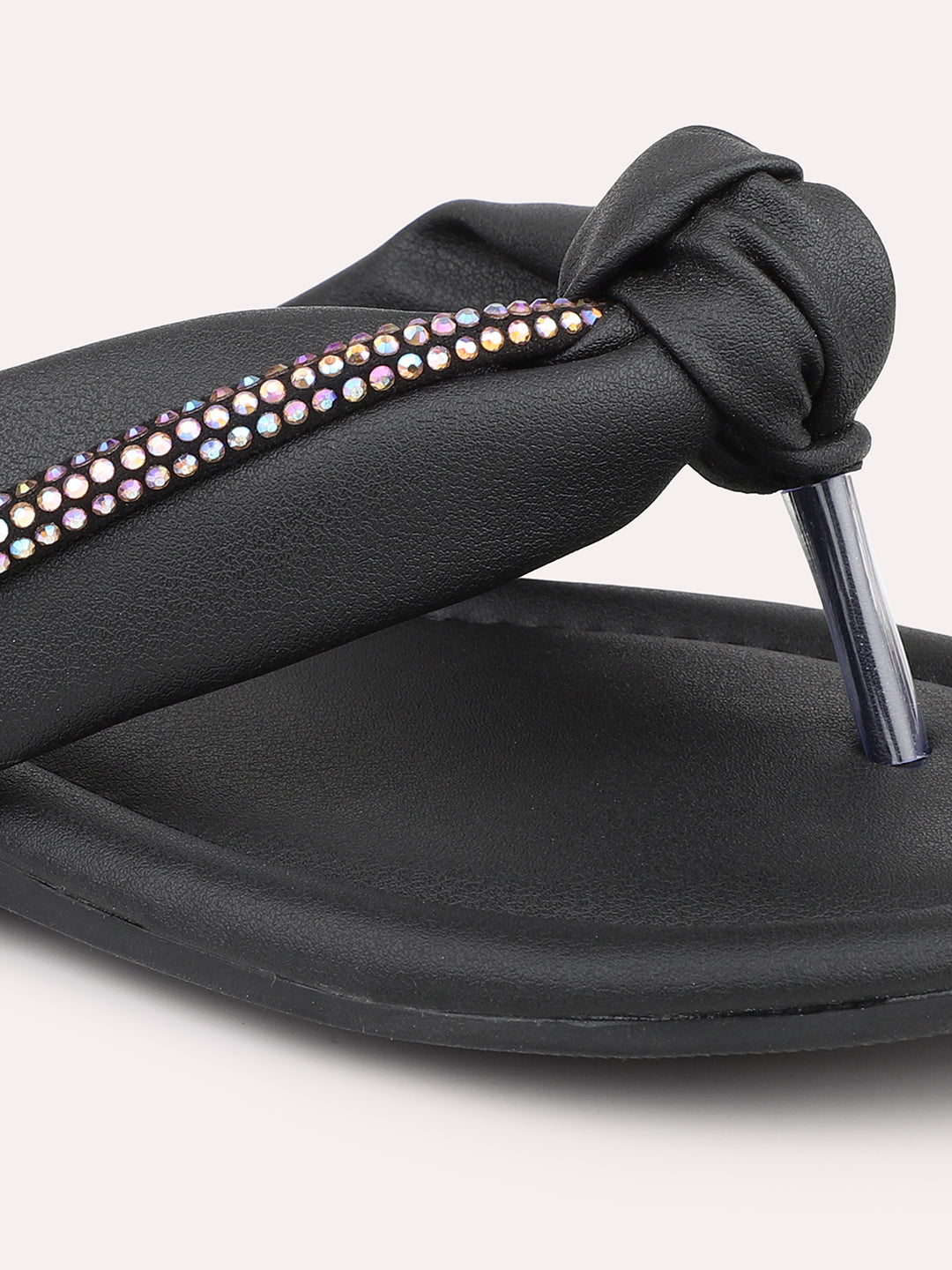 Women Black Embellished Open Toe Flats