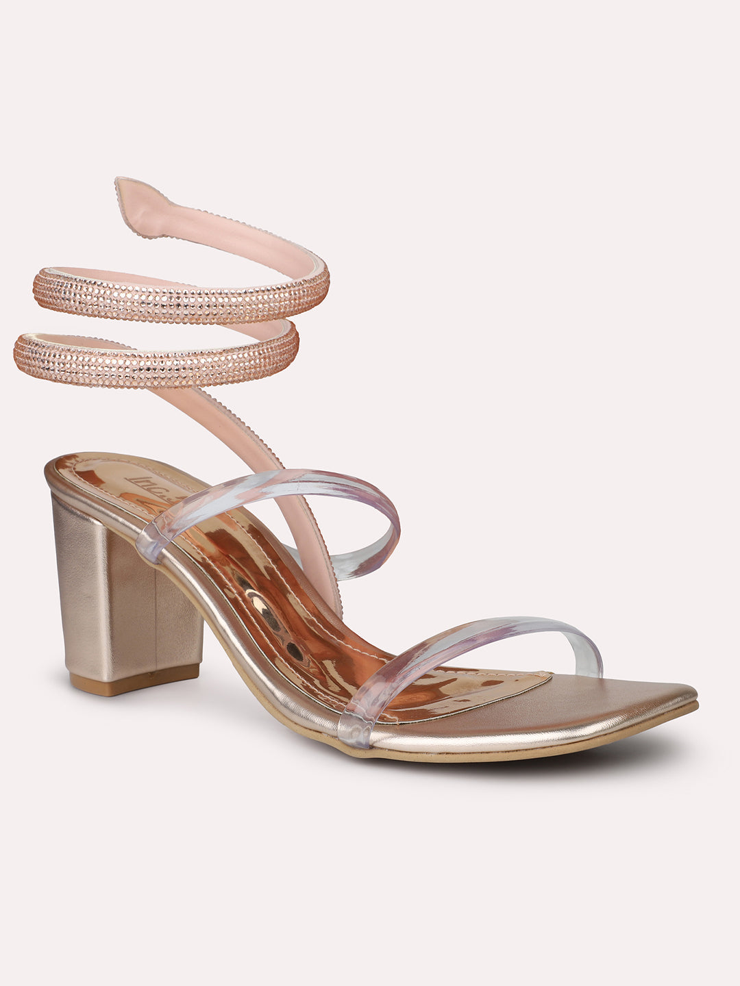 Buy Now Women Rose Gold Embellished Strappy Party Open Toe Block Heels