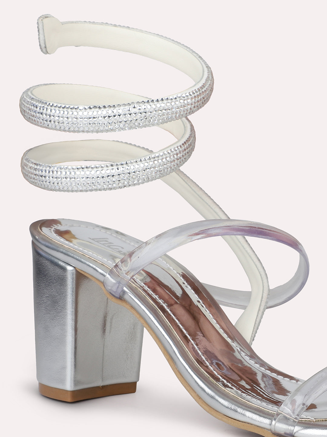 Women Silver Embellished Strappy Party Open Toe Block Heels