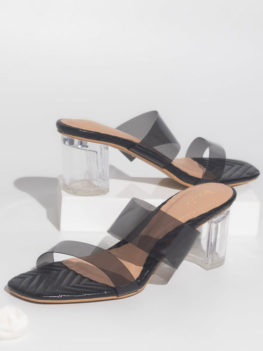 Women Black Transparent Double Strap Block Heels