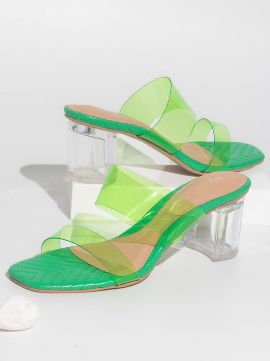 Women Green Transparent Double Strap Block Heels