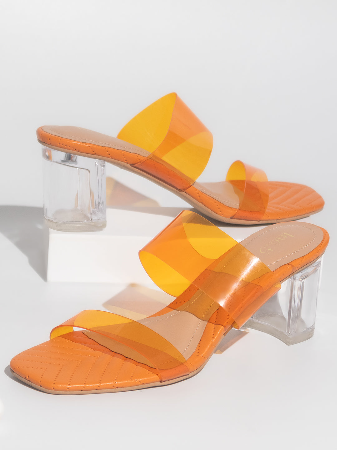 Women Orange Transparent Double Strap Block Heels