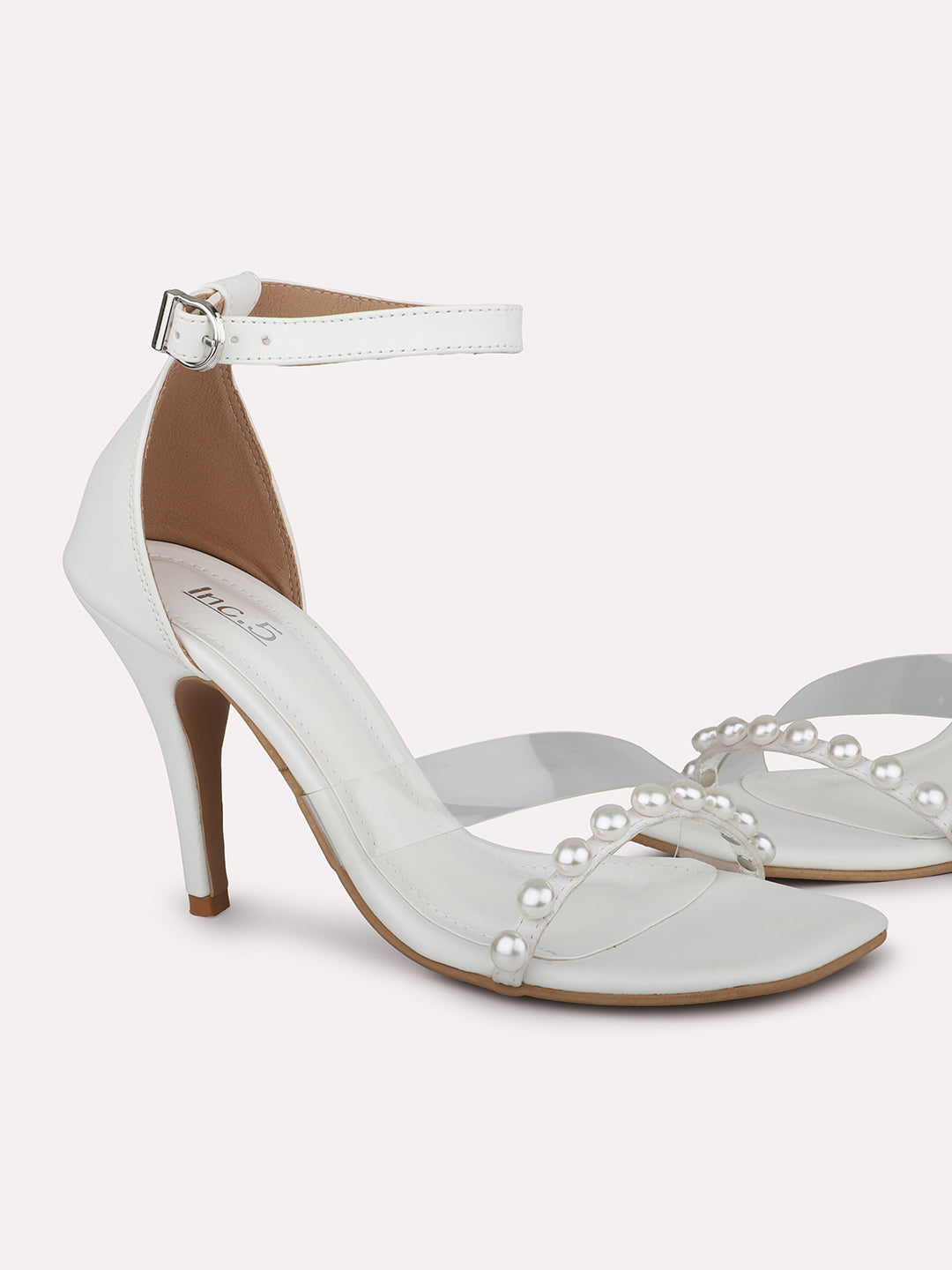 Women White Embellished Ankel Loop Slim Heels