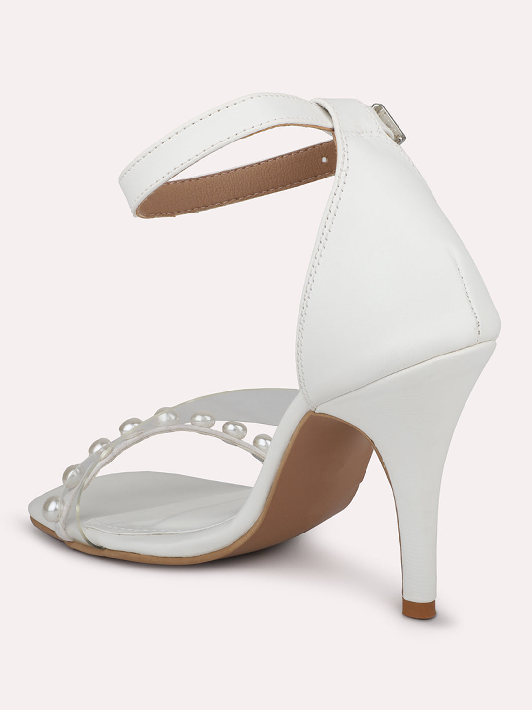 Women White Embellished Ankel Loop Slim Heels