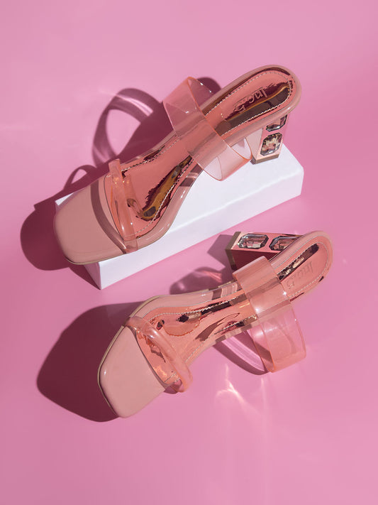 Women Peach Transparent Embellished Block Heels