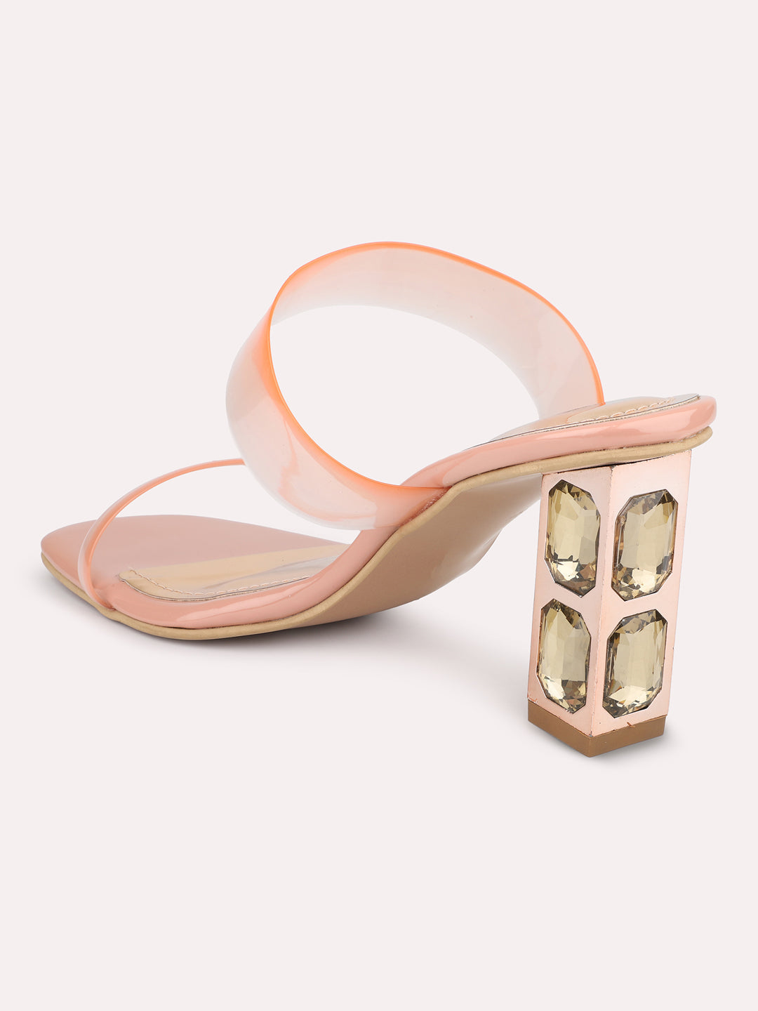 Women Peach Transparent Embellished Block Heels