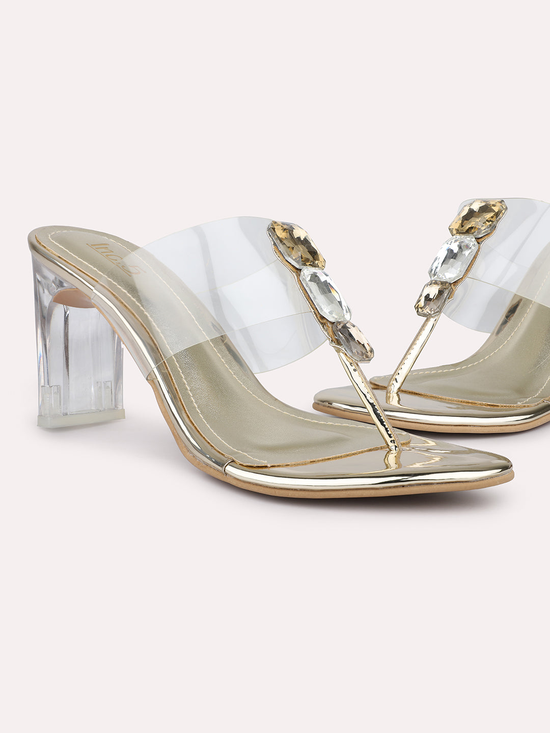 Women Gold T-Strape Transparent Embellished Party Block Heels