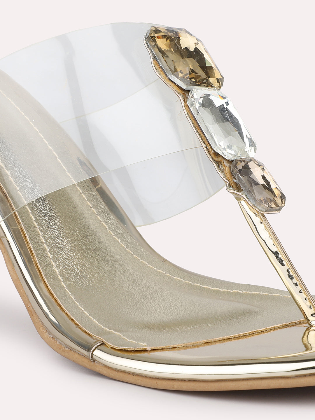 Women Gold T-Strape Transparent Embellished Party Block Heels