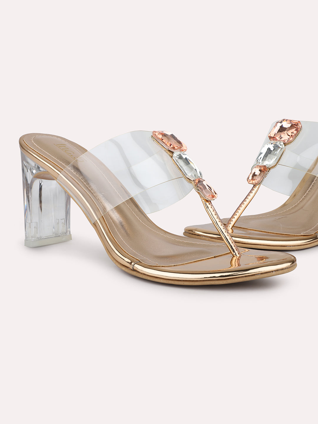 Women Rose Gold T-Strape Transparent Embellished Party Block Heels