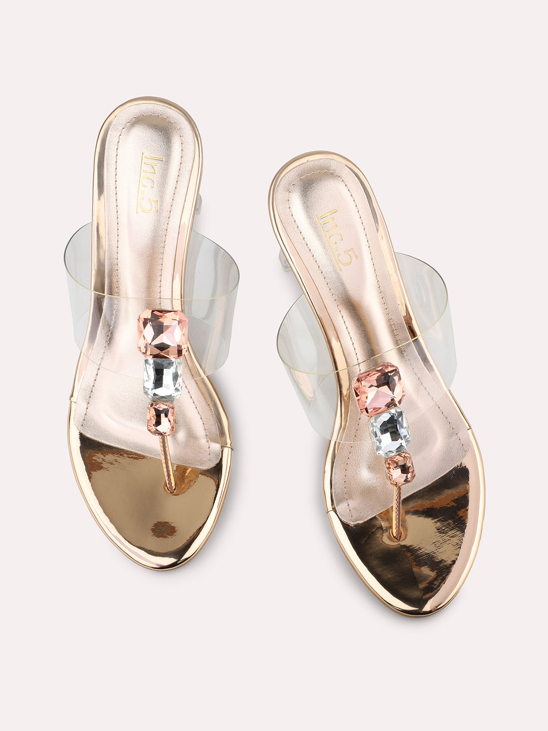 Women Rose Gold T-Strape Transparent Embellished Party Block Heels