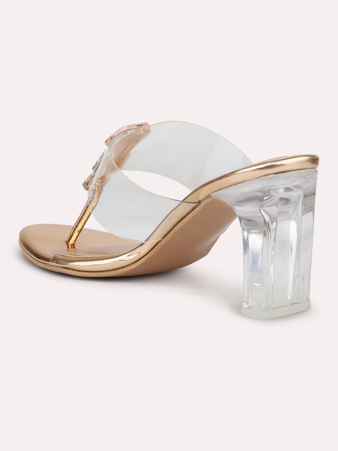 Women Rose Gold T-Strape Transparent Embellished Party Block Heels