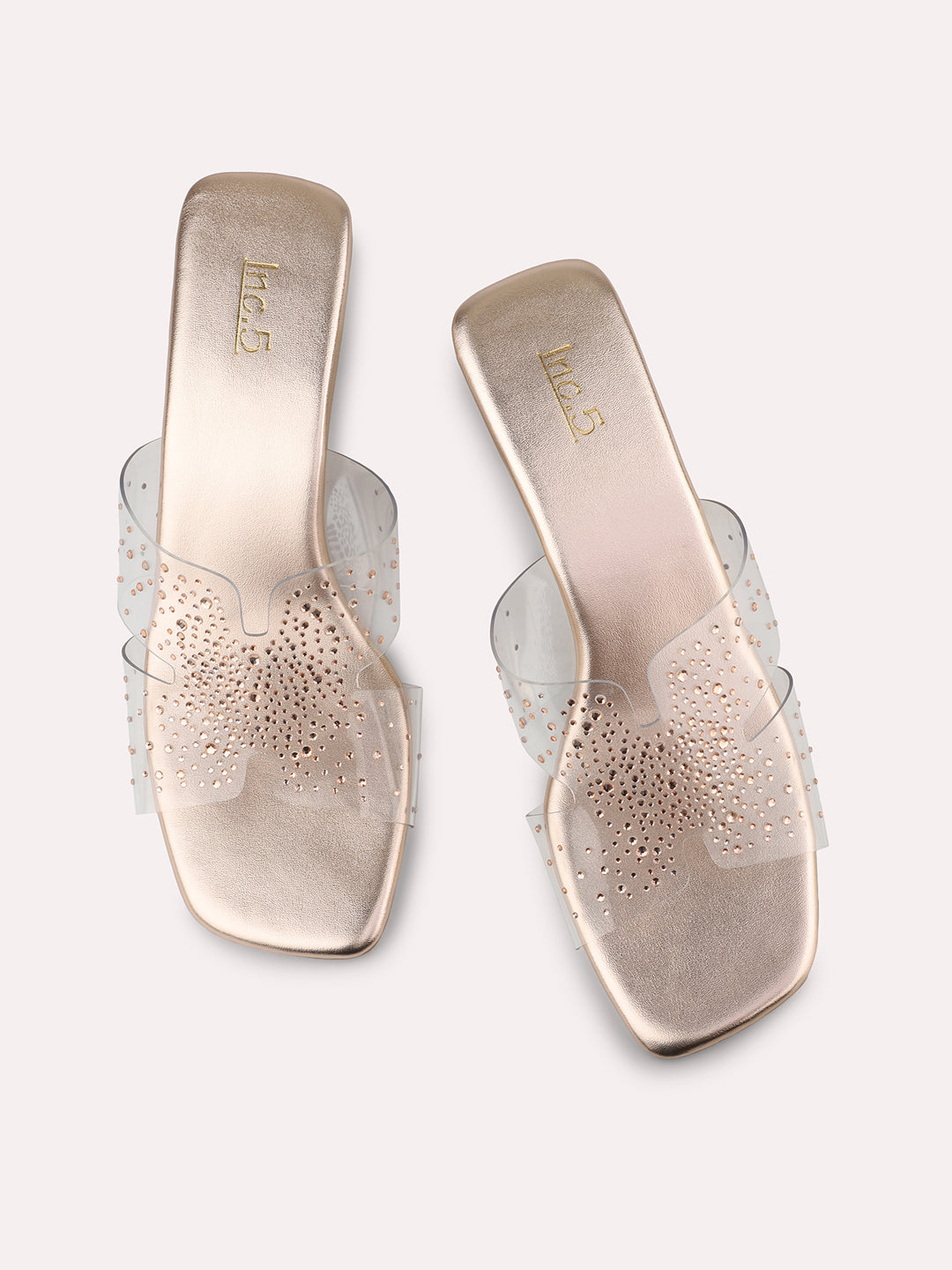 Women Rose Gold Transparent Embellished Party Block Heels