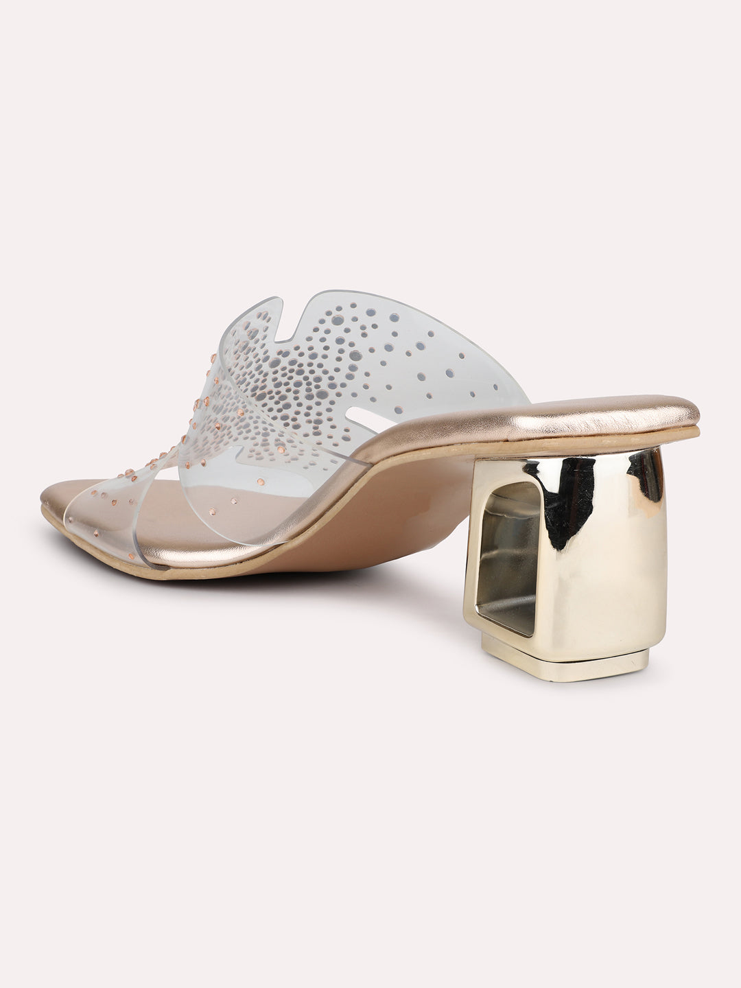 Women Rose Gold Transparent Embellished Party Block Heels