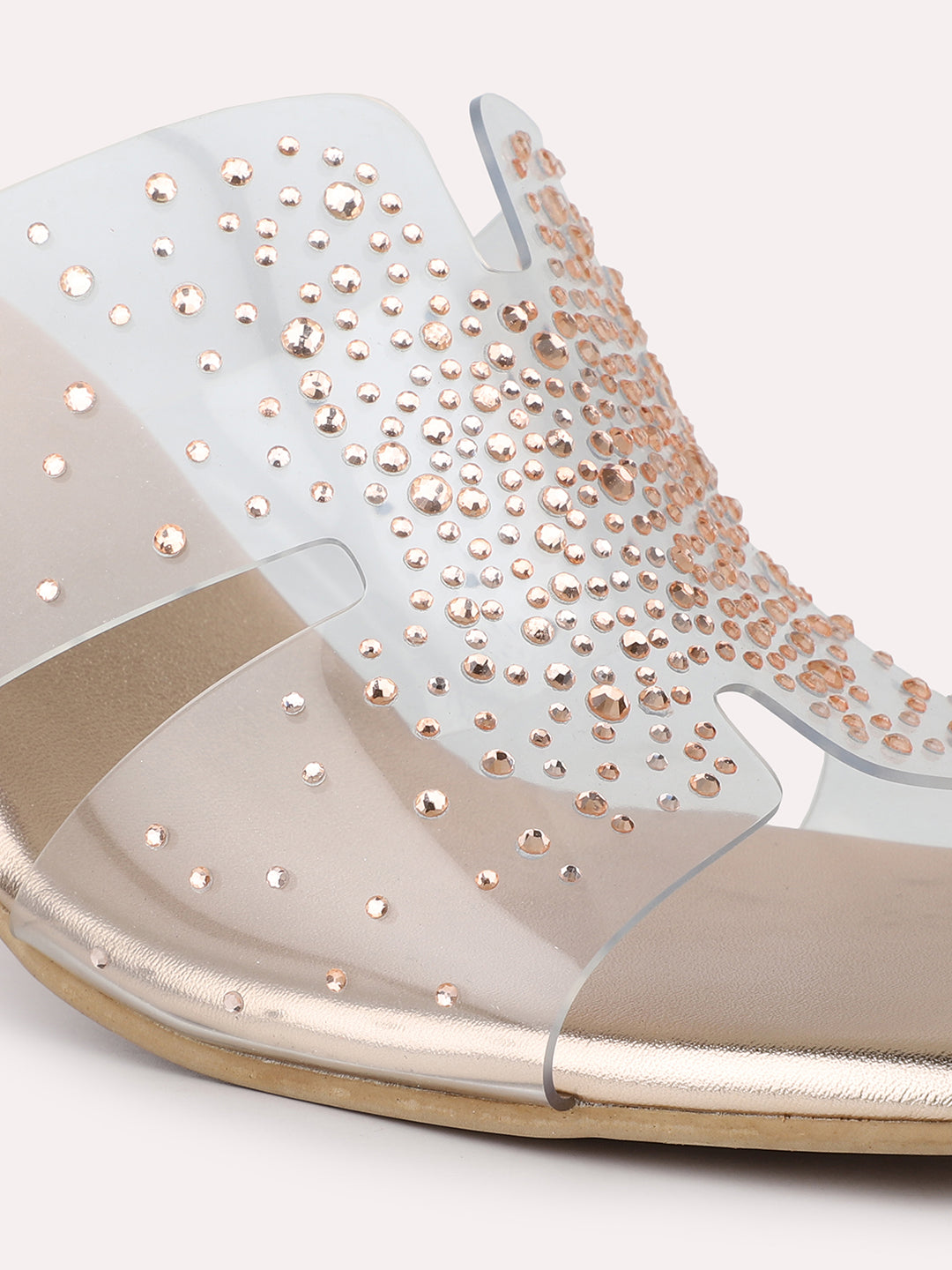 Women Rose Gold Transparent Embellished Party Block Heels
