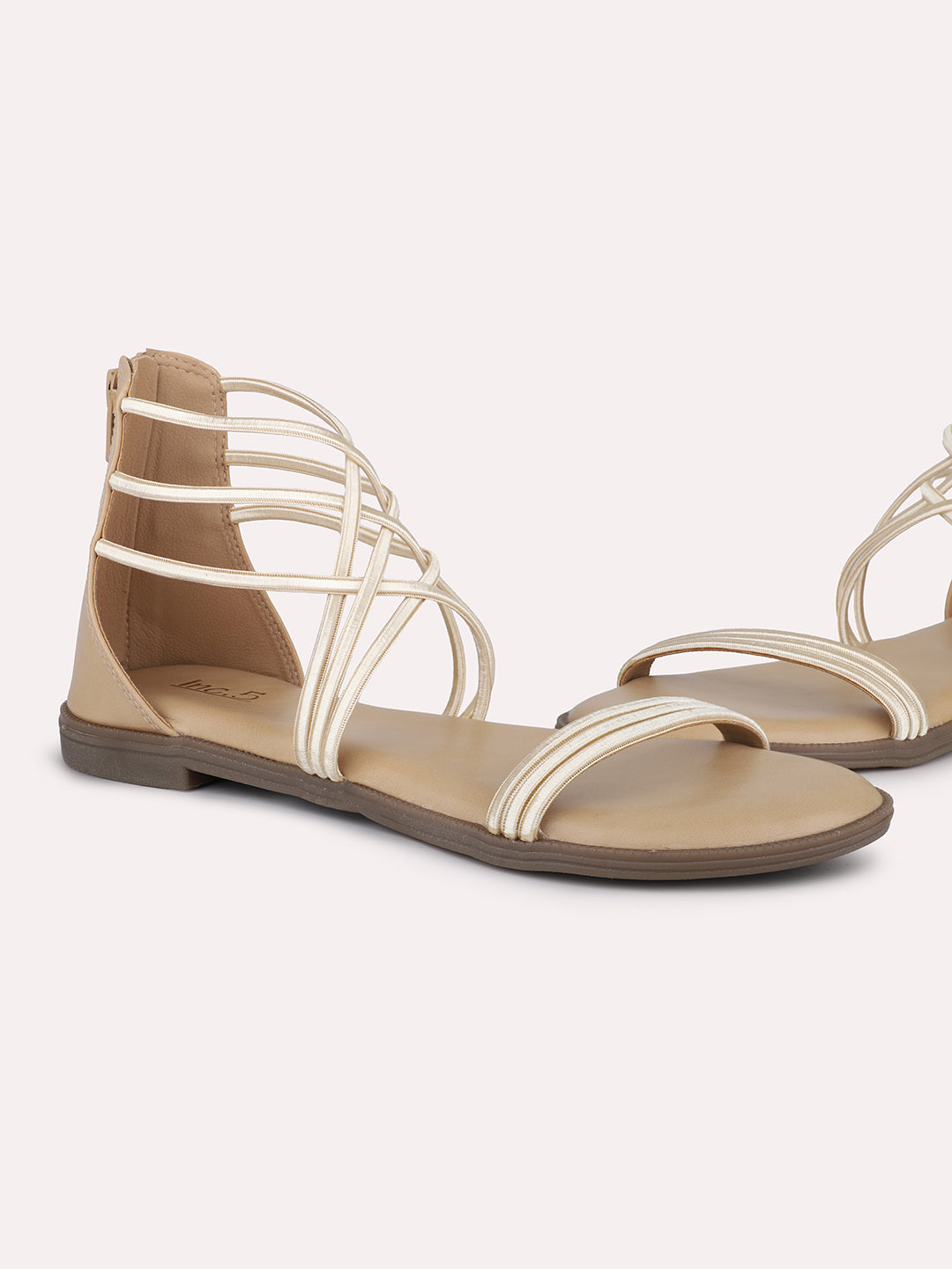 Women Beige Strappy Gladiators Flats with Zip Closure