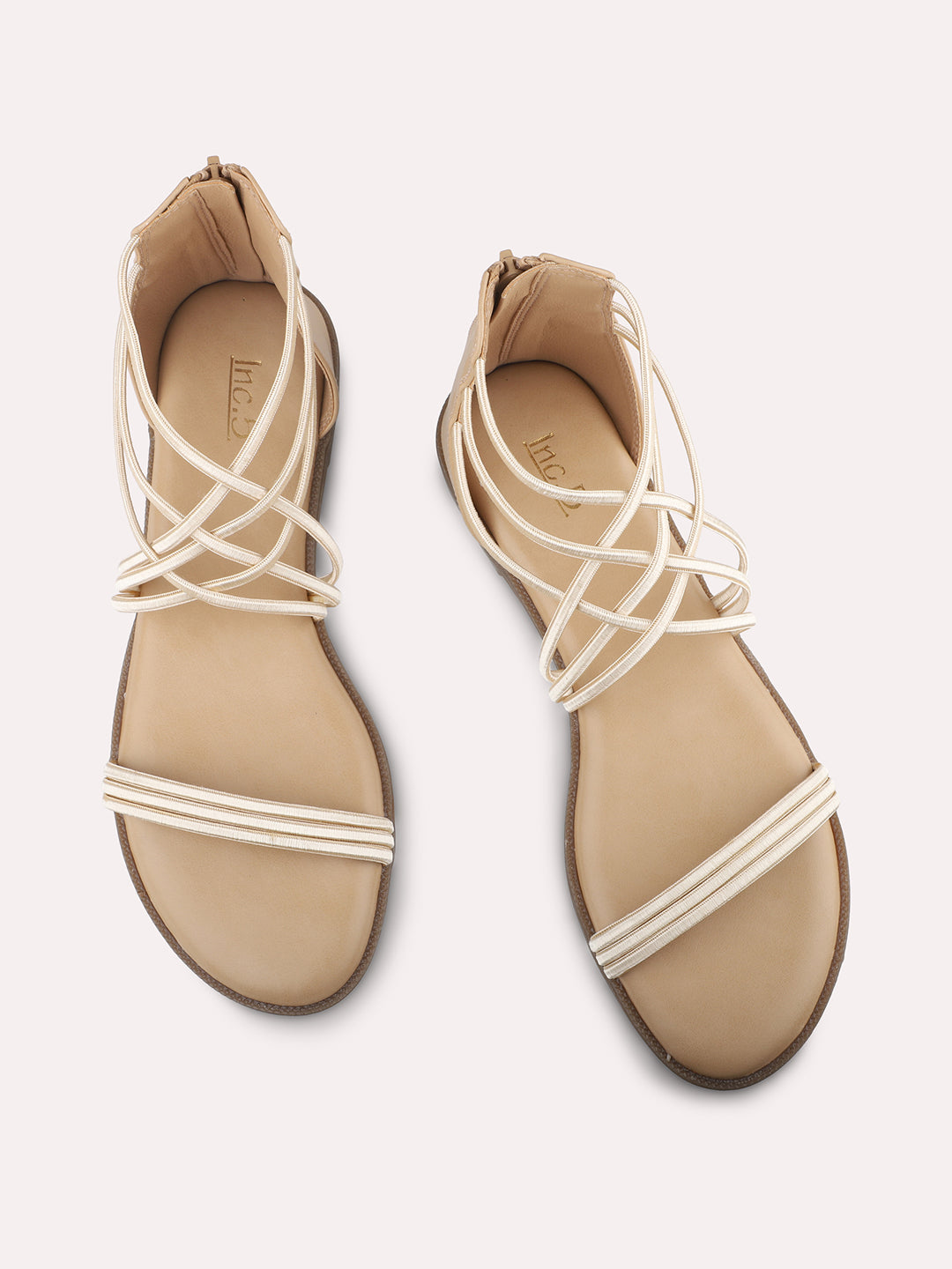 Women Beige Strappy Gladiators Flats with Zip Closure