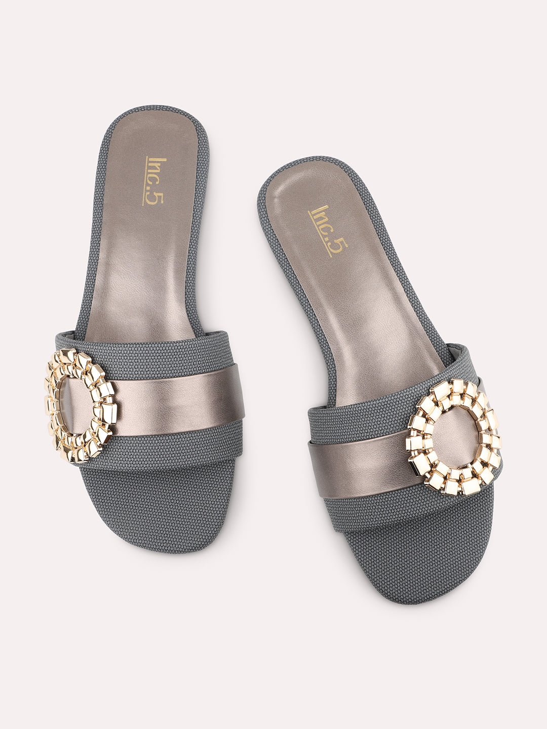 Women Grey Embellished Open Toe Flats