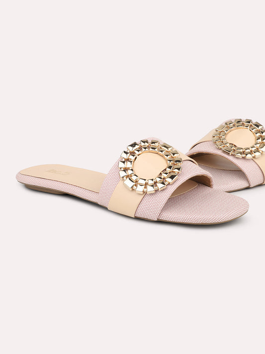 Women Peach Embellished Open Toe Flats