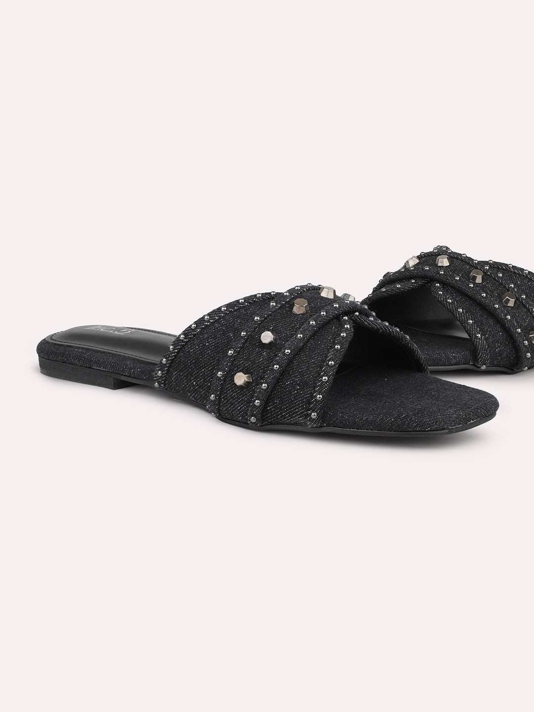 Women Black Denim Open Toe Flats With Buckle