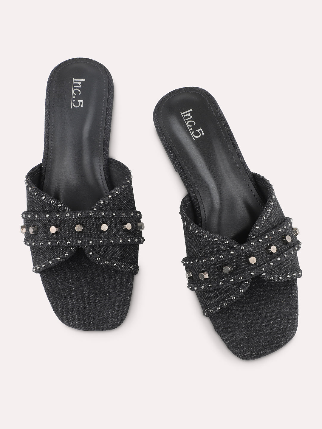 Women Black Denim Open Toe Flats With Buckle