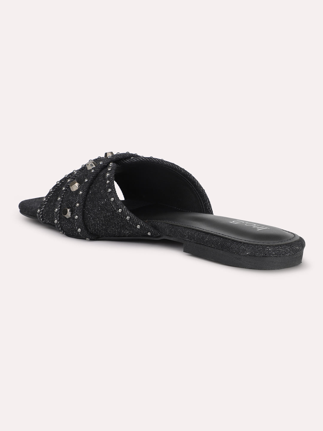 Women Black Denim Open Toe Flats With Buckle