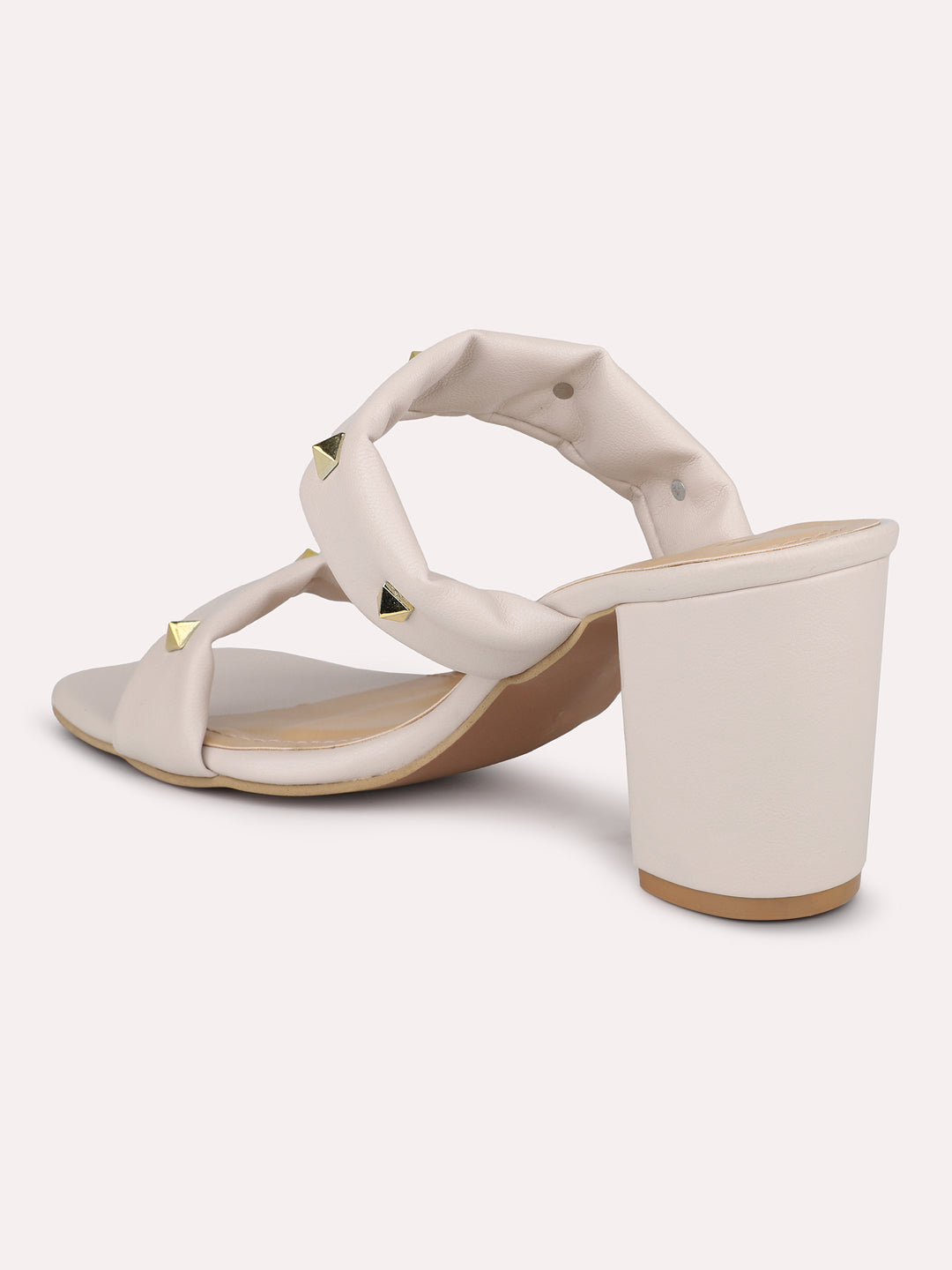 Women Cream Double Strap Block Heels With Studded