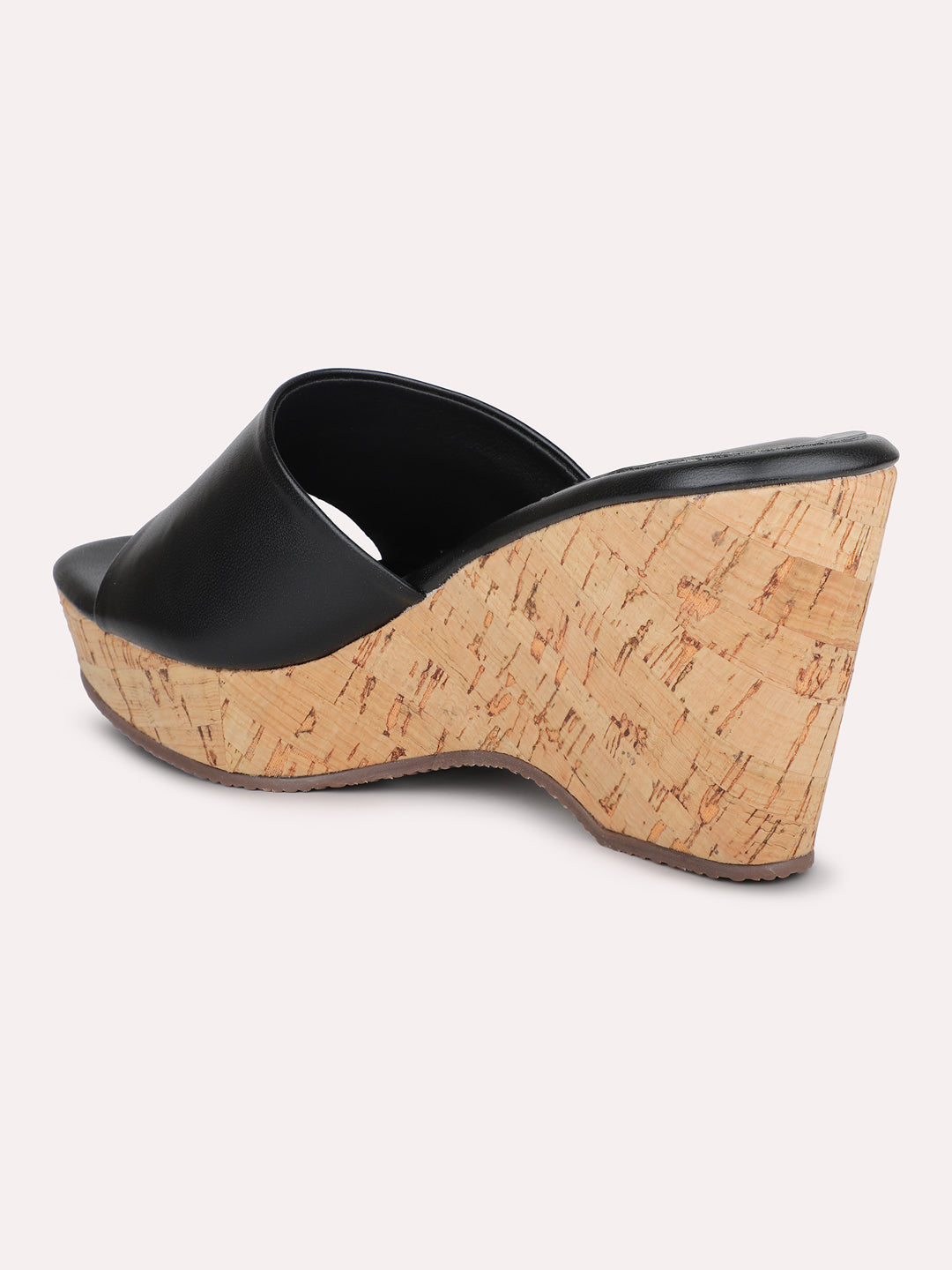 Women Black Open Toe Textured Detail Platform Heels
