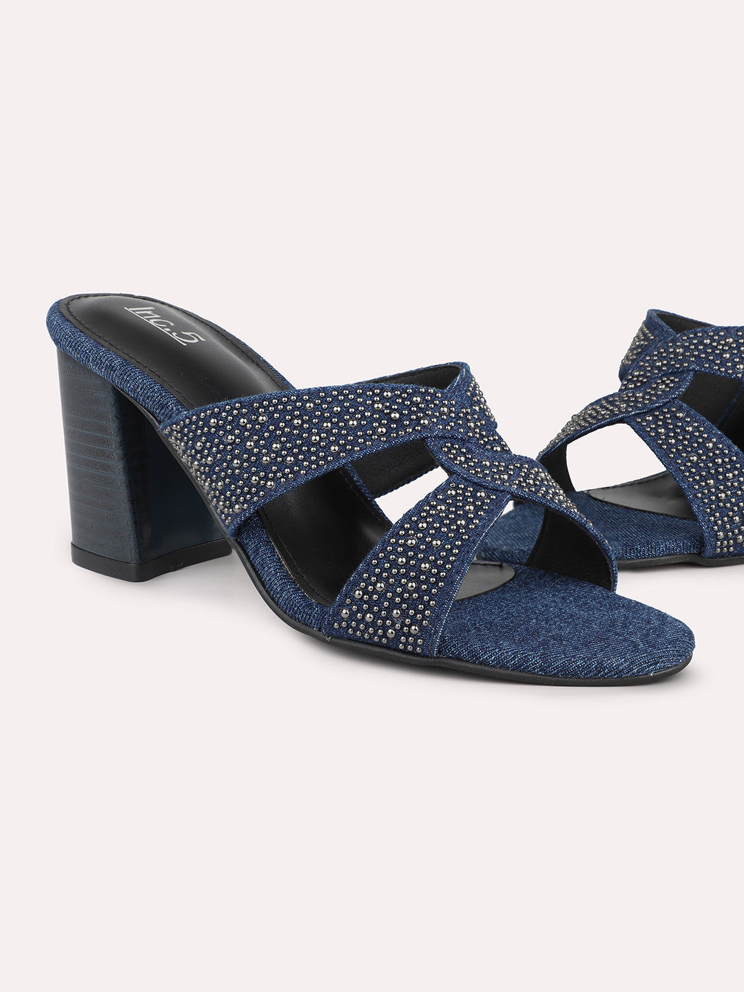 Women Navy And Silver-Toned Embellished Block Heels