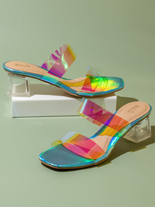 Women Blue Holographic PU Party Block Heels