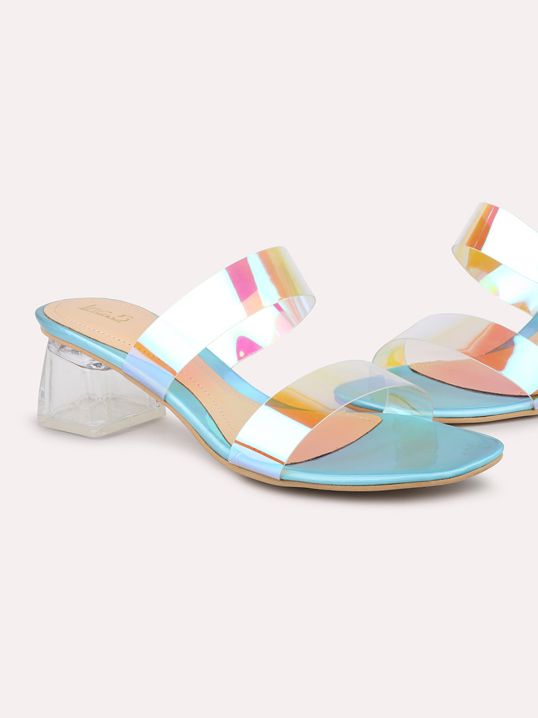 Women Blue Holographic PU Party Block Heels