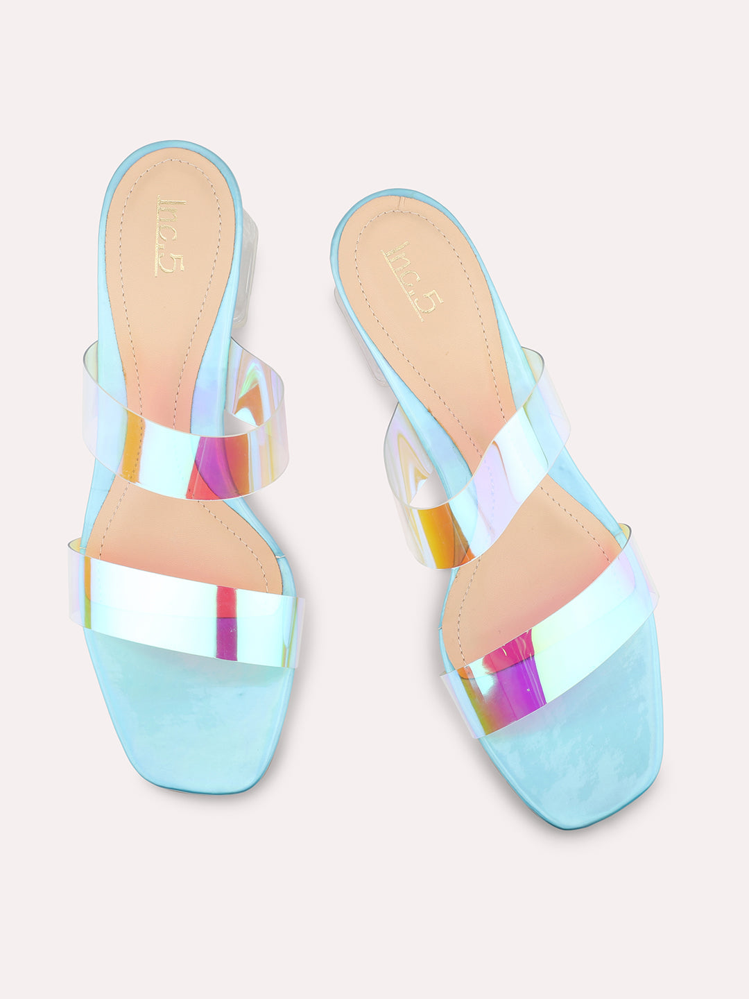 Women Blue Holographic PU Party Block Heels