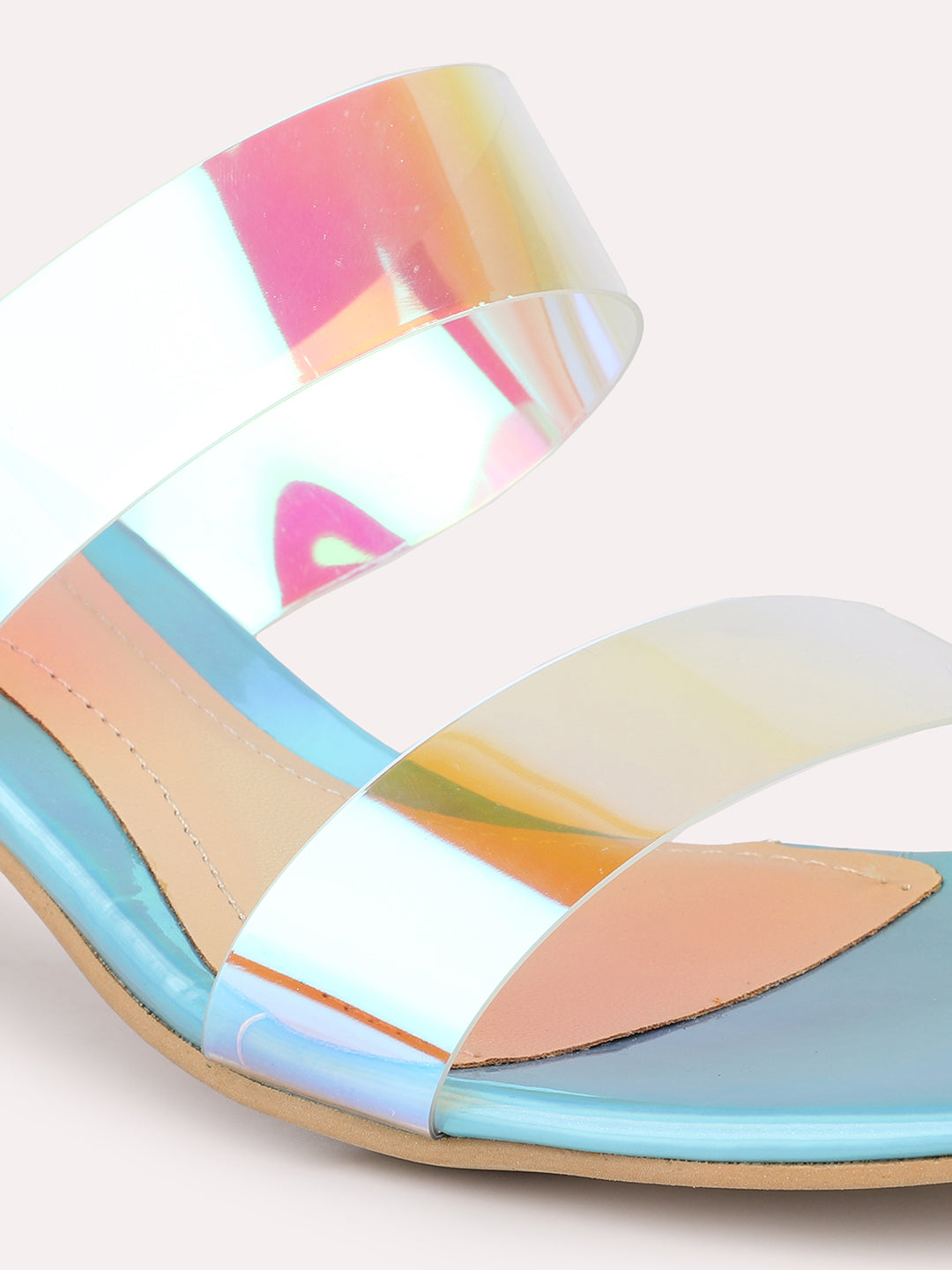 Women Blue Holographic PU Party Block Heels