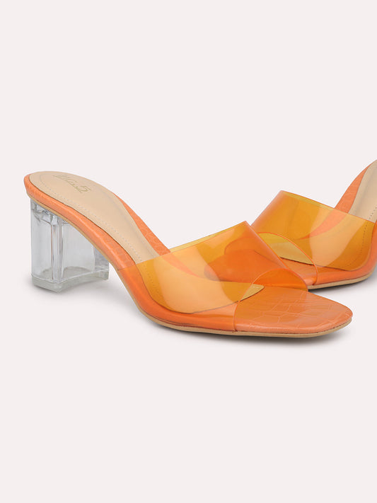 Women Orange-Toned & Transparent Block Sandals