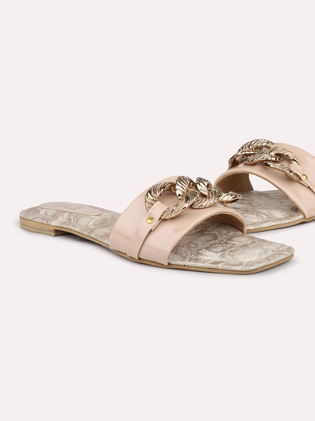 Women Beige And Printed-Toned Open Toe Flats With Buckle Detail