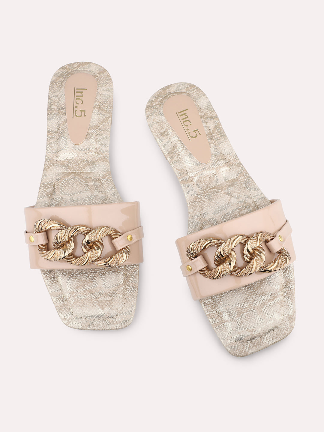Women Beige And Printed-Toned Open Toe Flats With Buckle Detail
