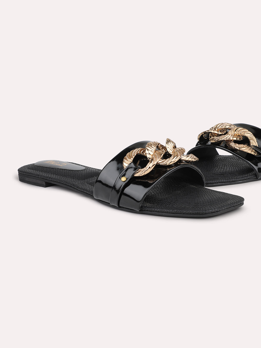 Women Black And Printed-Toned Open Toe Flats With Buckle Detail