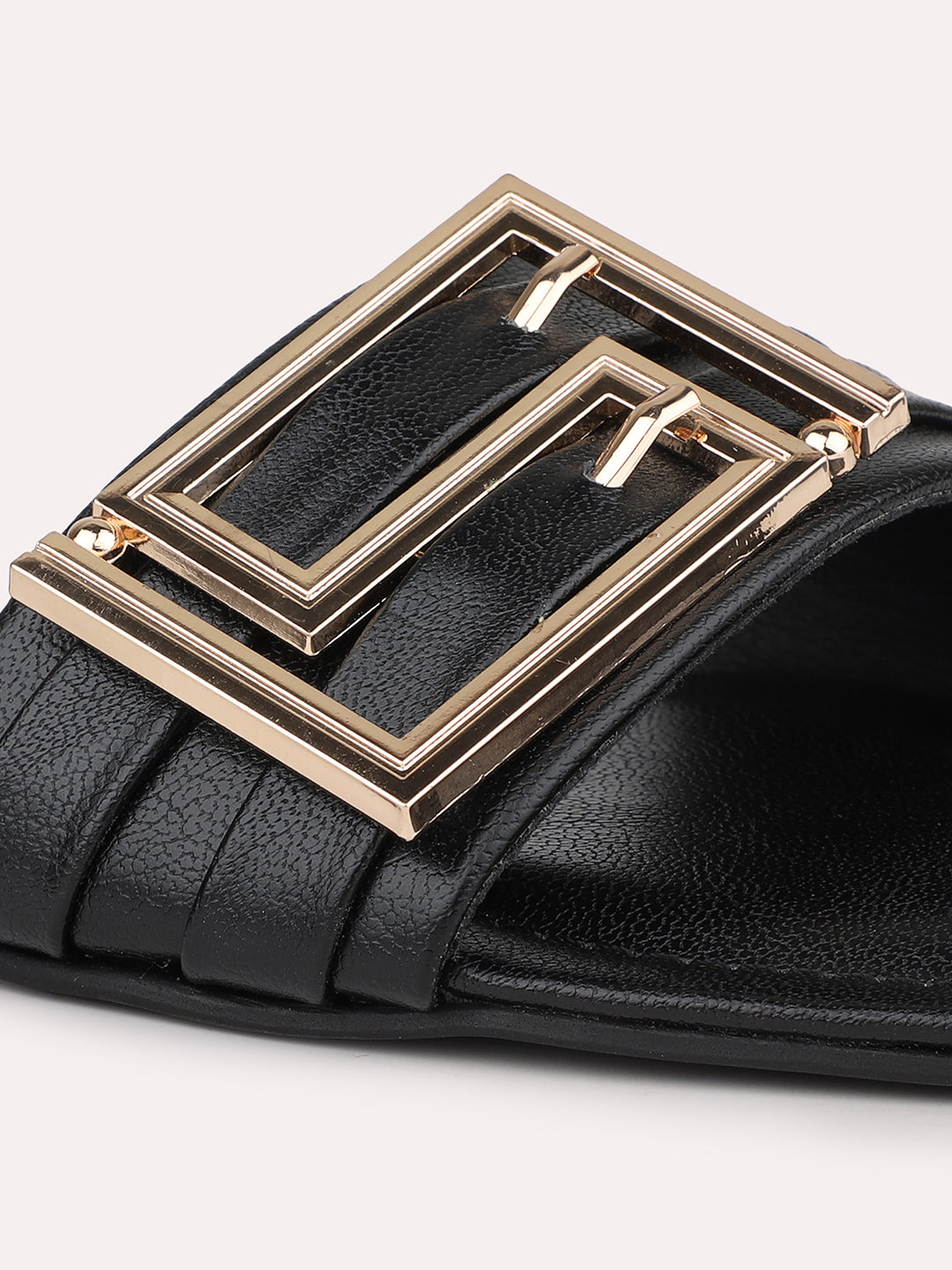Women Black Embellished Open Toe Flats With Buckle Detail