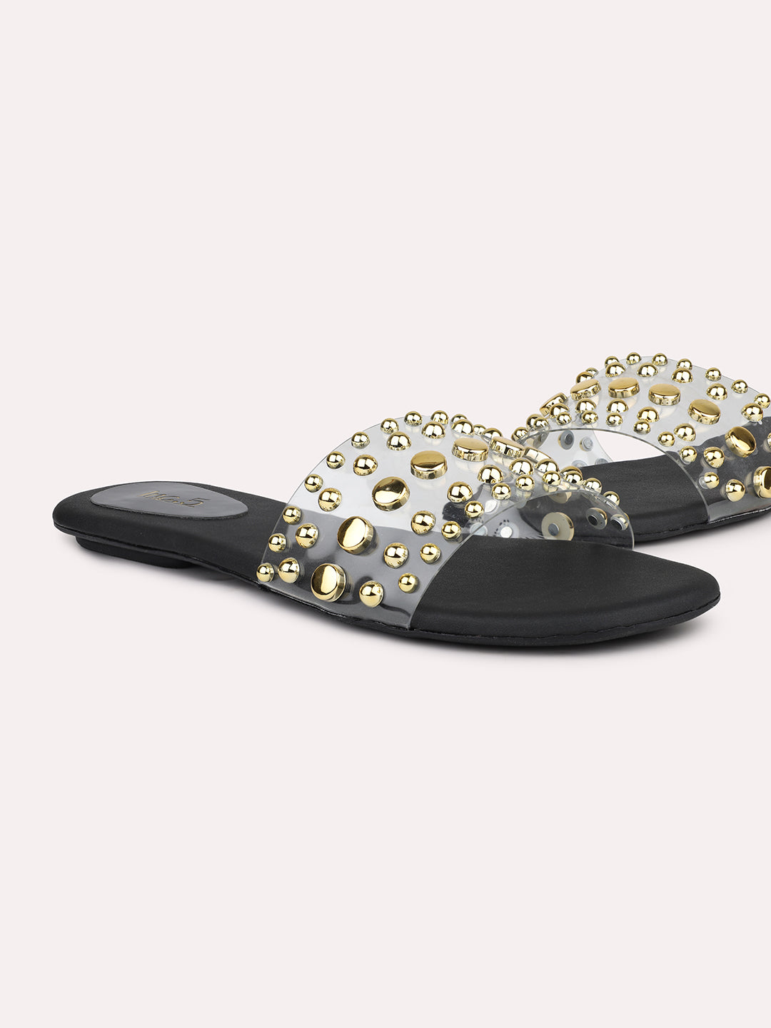 Women Black & Gold-Toned Transparent Embellished Open Toe Flats