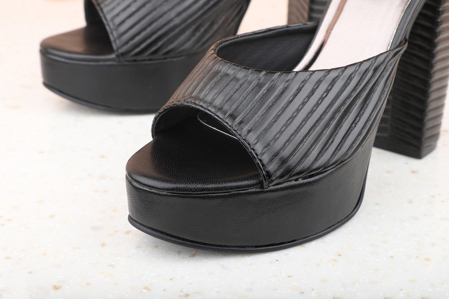 Women Black Textured Platform Heels