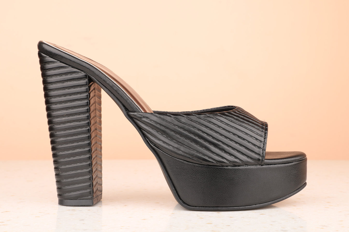 Women Black Textured Platform Heels