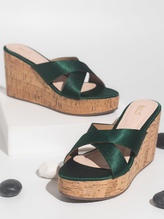 Women Green Textured High-Top Wedge Sandals