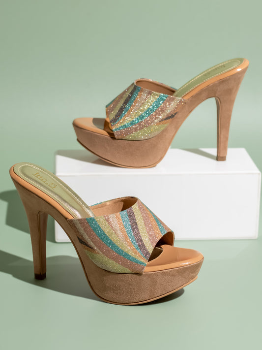 Women Beige Multicoloured Printed Platform Peep Toes