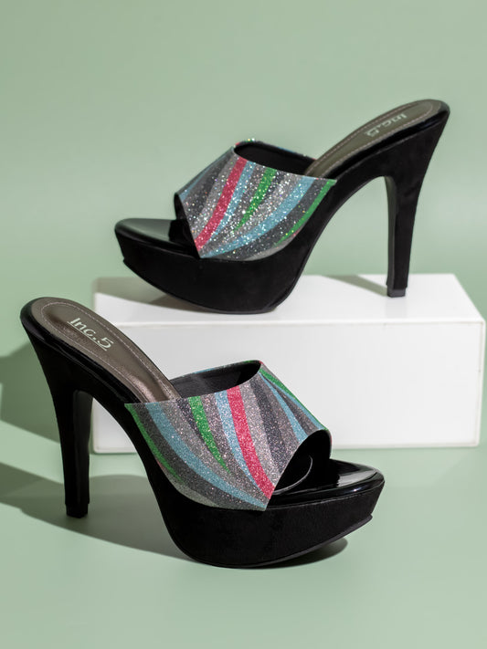 Women Black Multicoloured Printed Platform Peep Toes