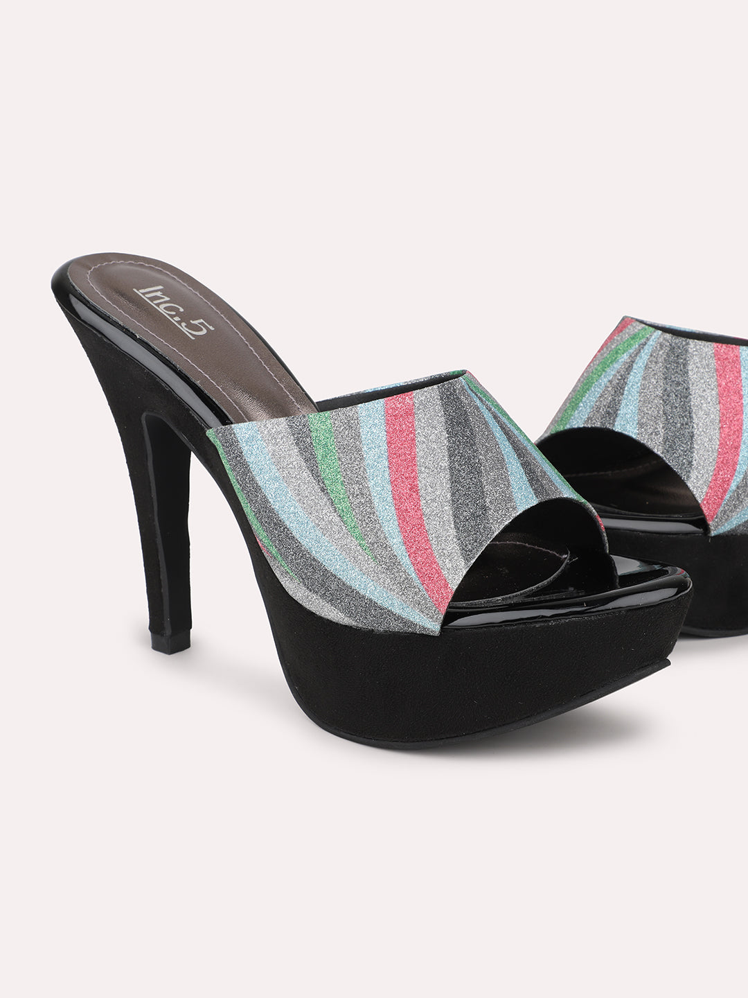 Women Black Multicoloured Printed Platform Peep Toes